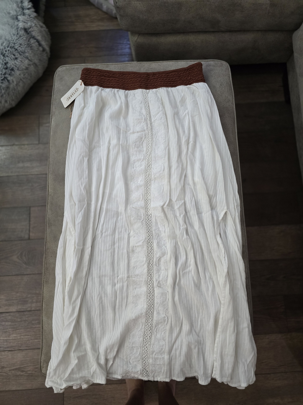 NWT- Shyanne White Maxi Skirt with Brown Elastic Waistband
